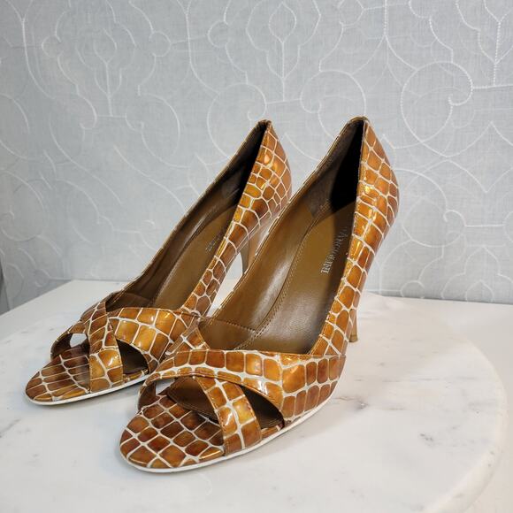 Enzo Angiolini Womens Shoes 7.5 Orange Leather Giraffe Print Open Toe Pump Heels - Picture 2 of 16